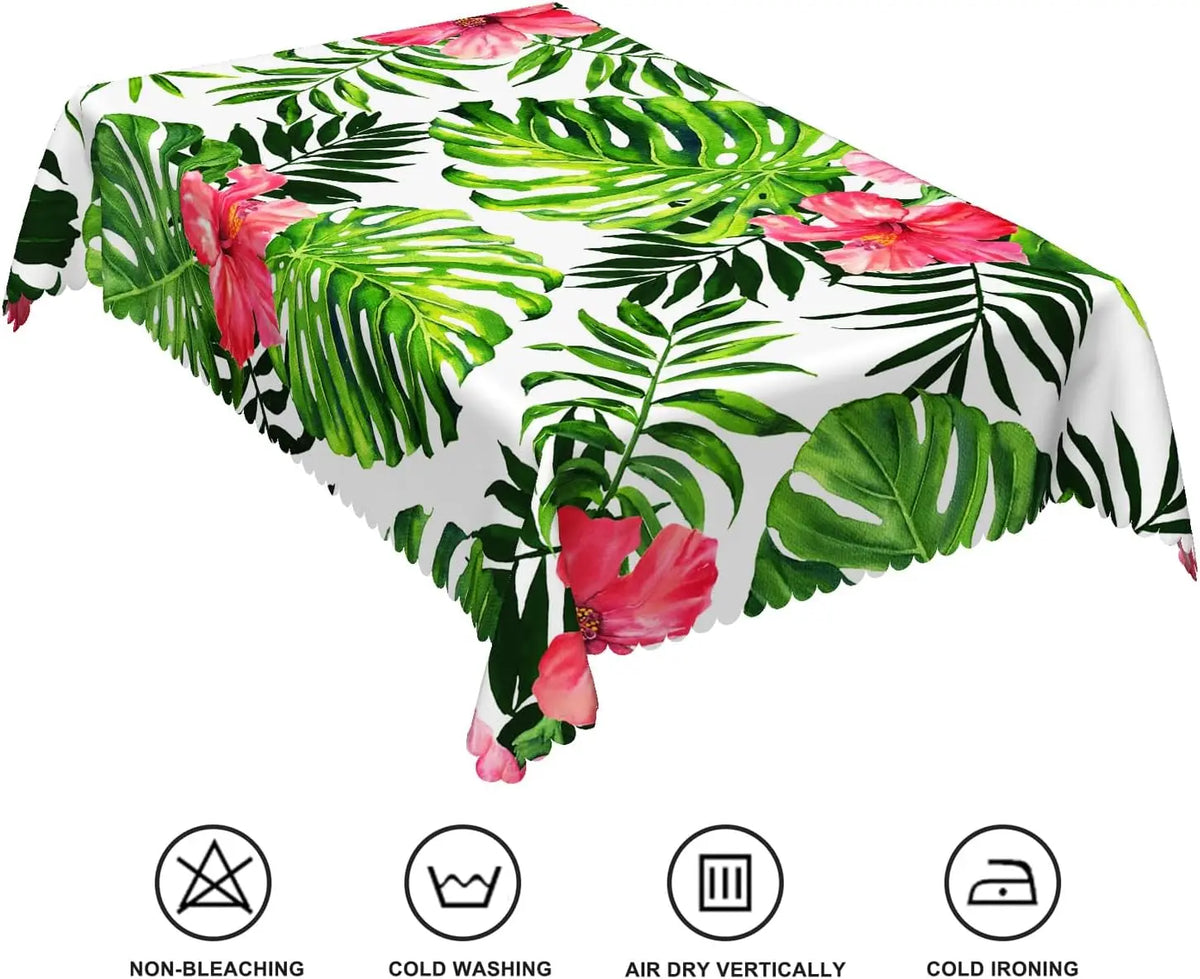 nappe rectangulaire blanche motifs feuilles tropicales fleurs roses décor table manger été exotique