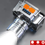 lampe frontale led argentée rechargeable bouton orange lentille transparente moderne robuste