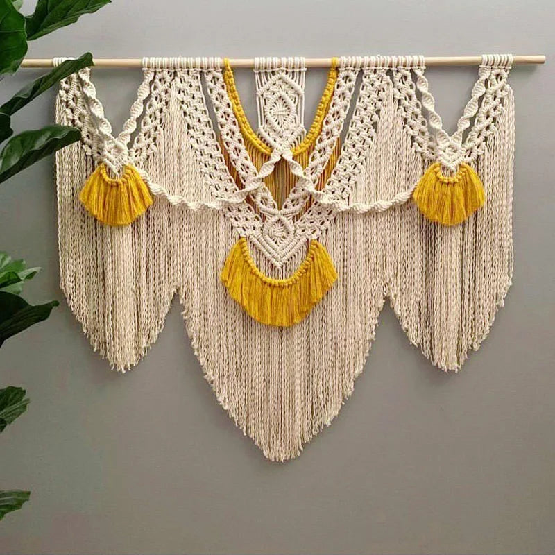 tapisserie bohème macramé coton blanc noeuds géométriques franges opaque salon chambre