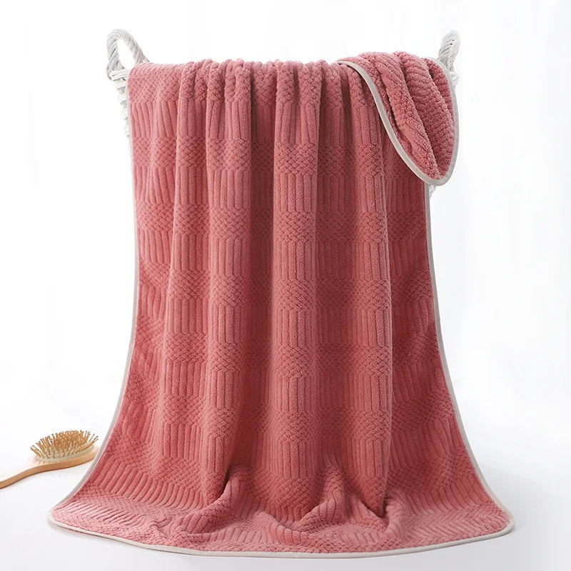 serviette bain rapide absorbante rose bleu rayée lavable tricotée anneléescrição