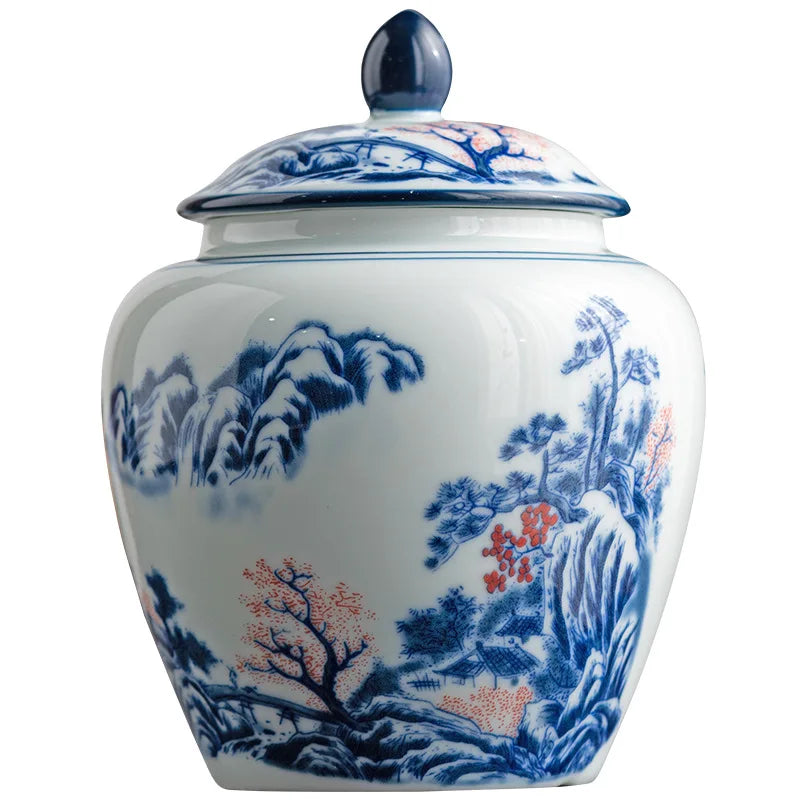 pot thé céramique blanc bleu paysage chinois couvercle fleurs montagnes arbre traditionnel