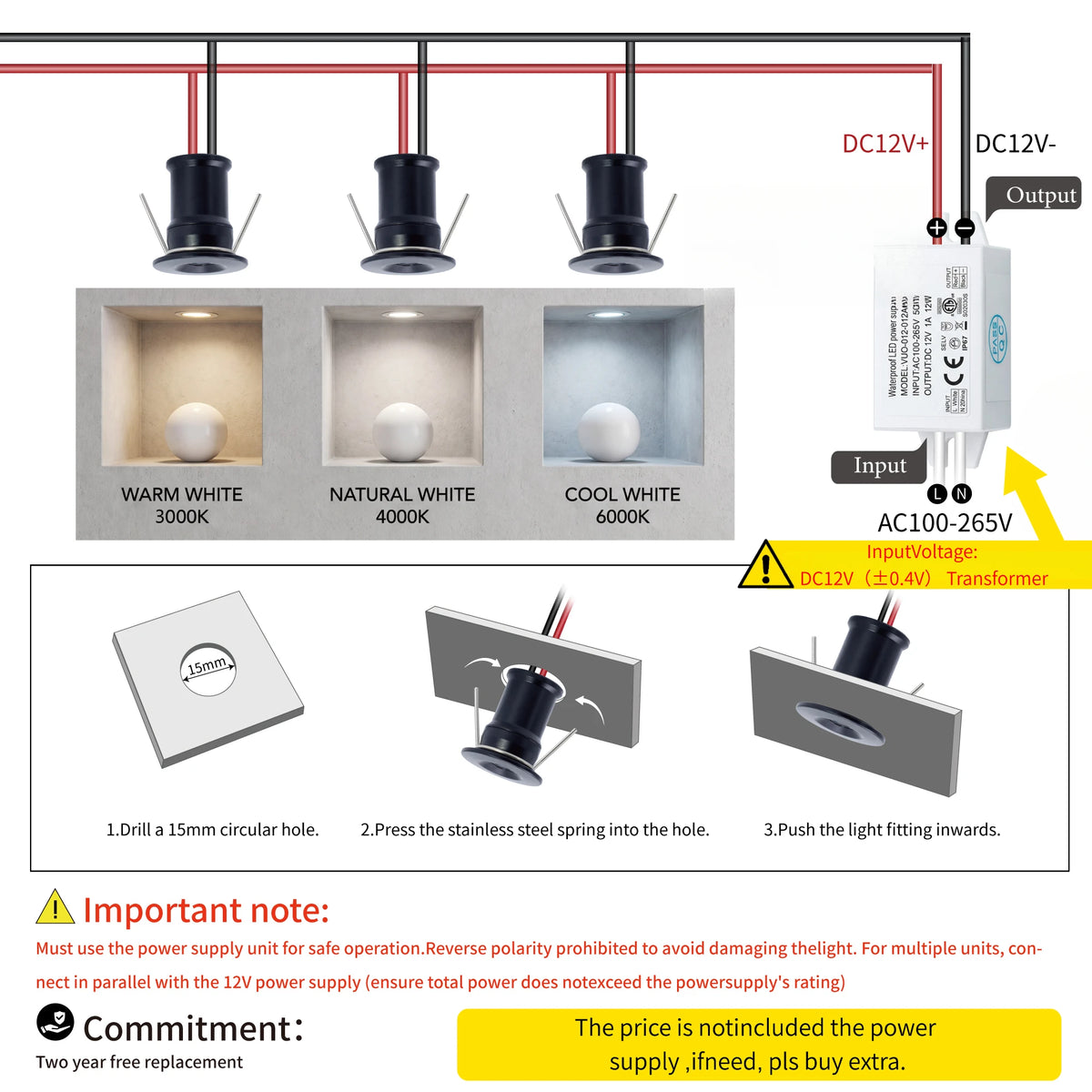Spot LED argent noir blanc mat moderne ip65 1w 12v waterproof 480mm