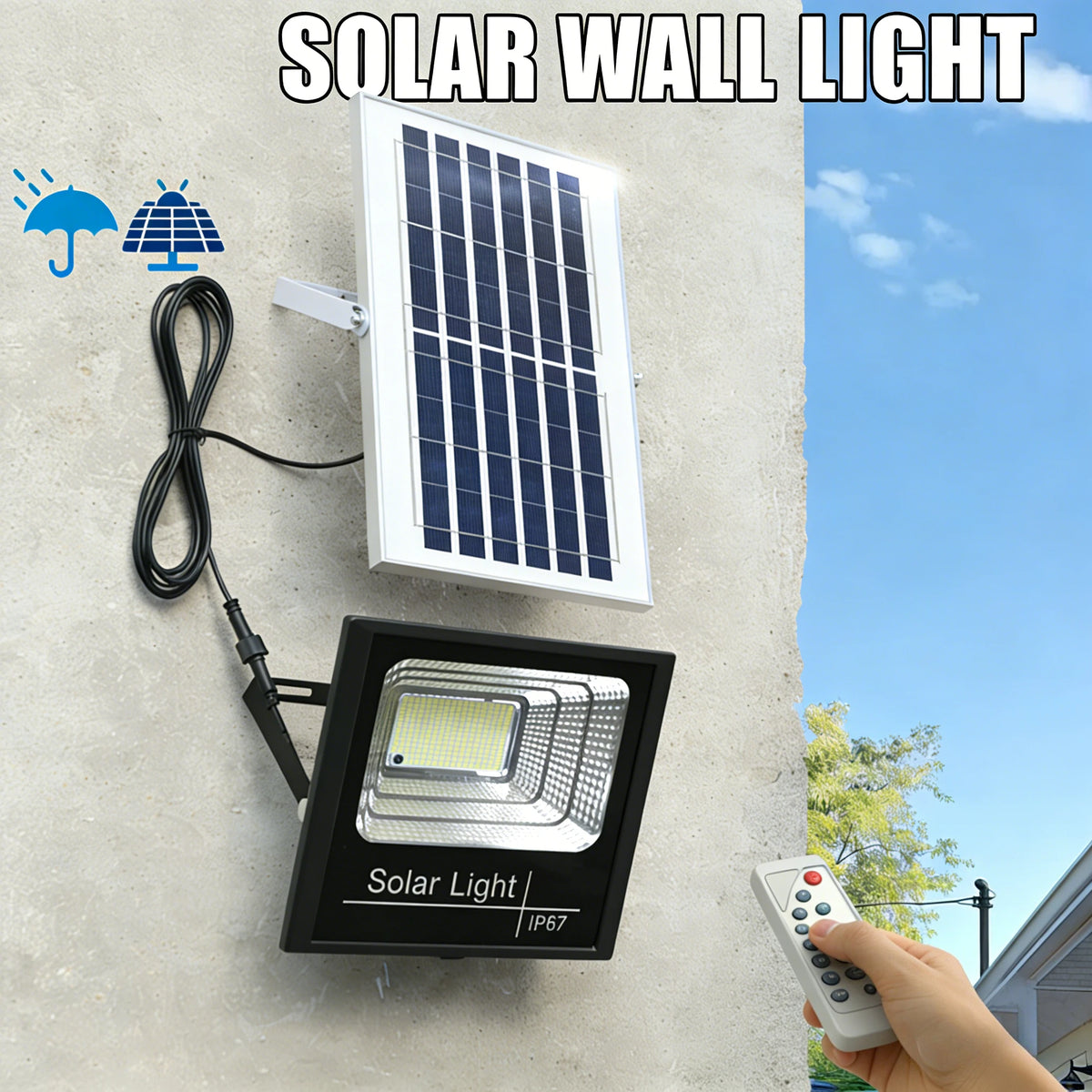 lampe solaire murale moderne noire bleu panneau photovoltaïque télécommande éclairage extérieur led 50w fixations