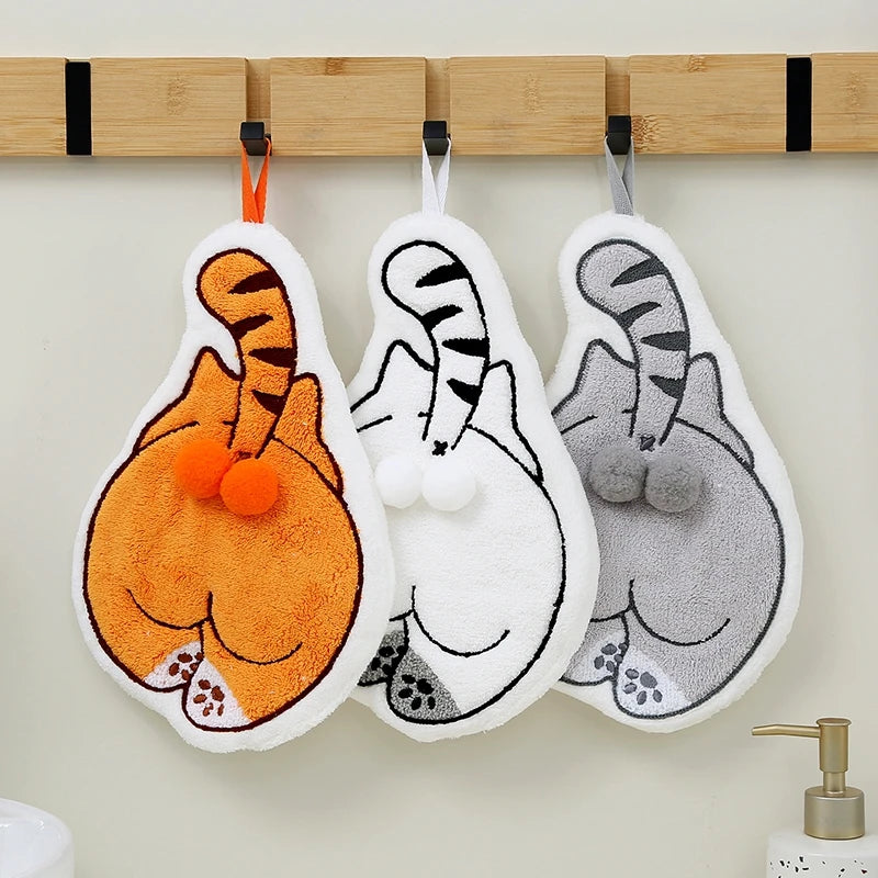 serviette toilette gant noir chat peluche super absorbante cordon cuisine salle bain
