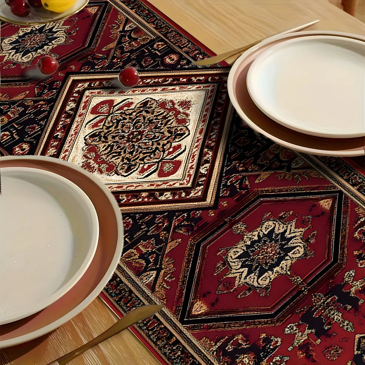 nappe décorative géométrique traditionnelle rouge noir or polyester tapis table moderne oriental vintage