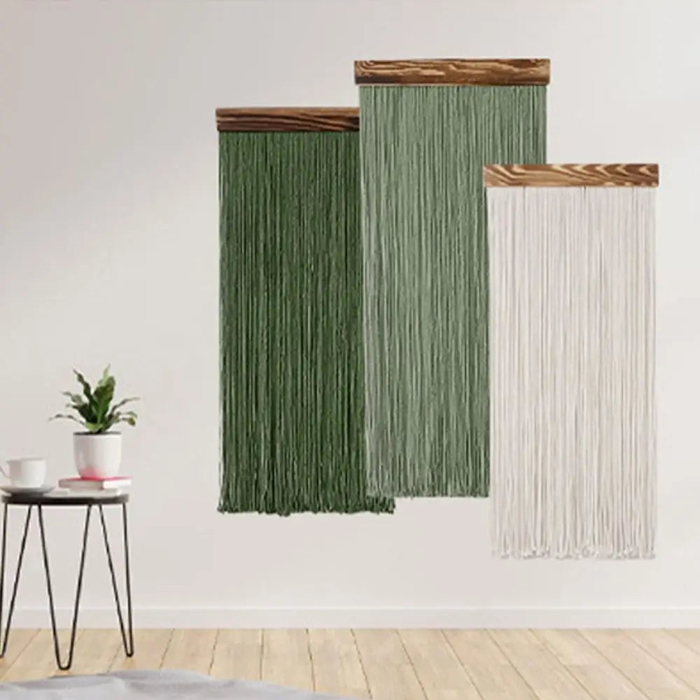rideau franges vert olive blanc moderne minimaliste coton tissé main finition bois