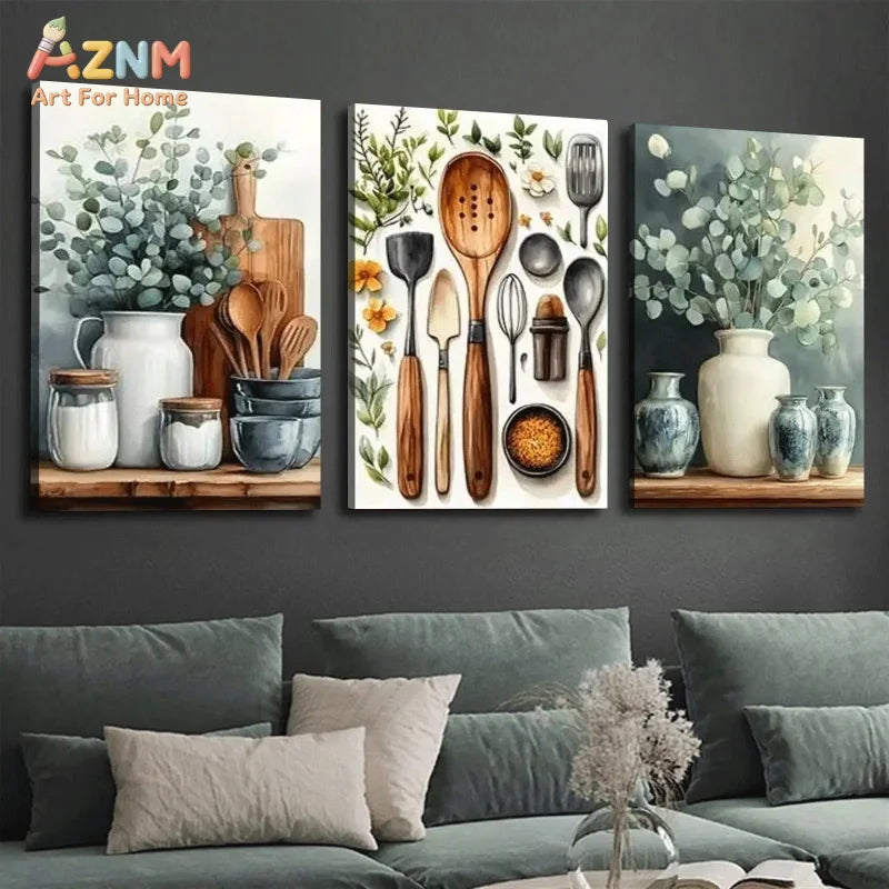 peinture murale fleurs ustensiles cuisine abstraite verte classique sans cadre decoration intérieure vert blanc