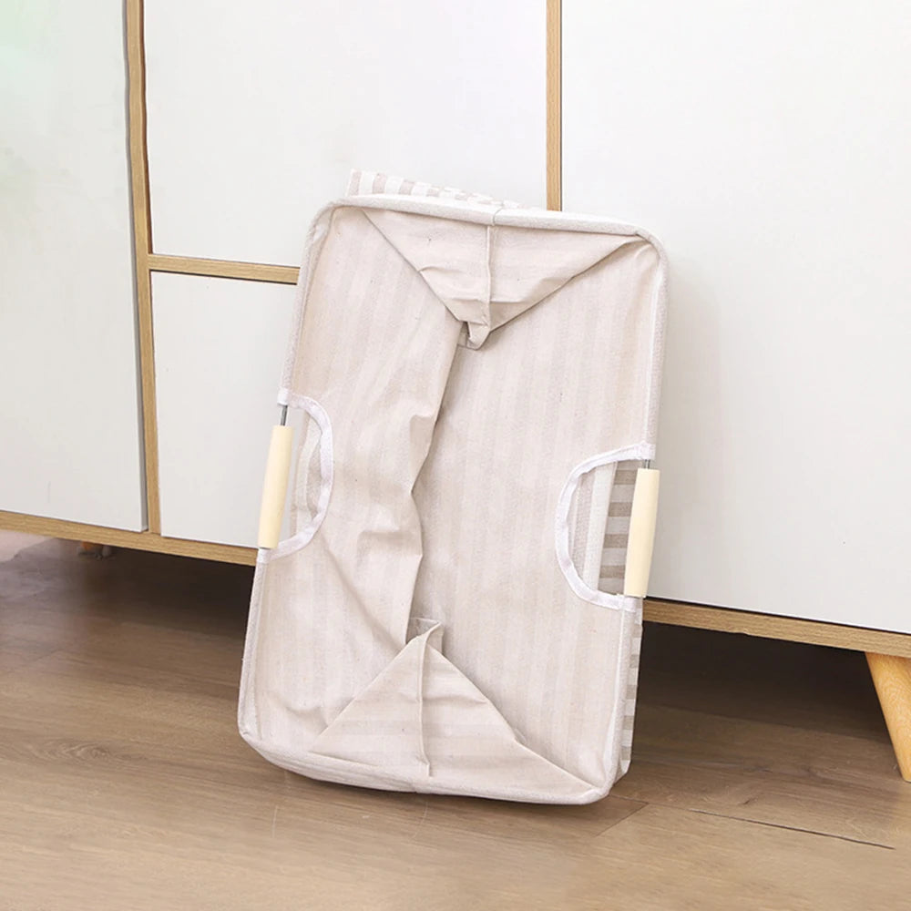 panier linge pliable rayures horizontales gris clair beige moderne réutilisable fibre végétale poignées bois
