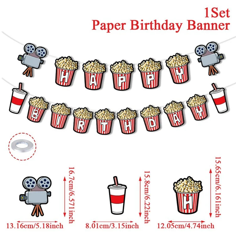 décoration anniversaire thème cinéma assiettes jetables serviettes gobelets nappe guirlande popcorn rouge noir doré
