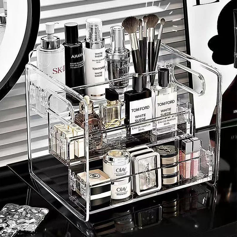 organisateur maquillage transparent moderne réutilisable compartiments clips fixations soins peau parfums cosmétiques porte maquillage