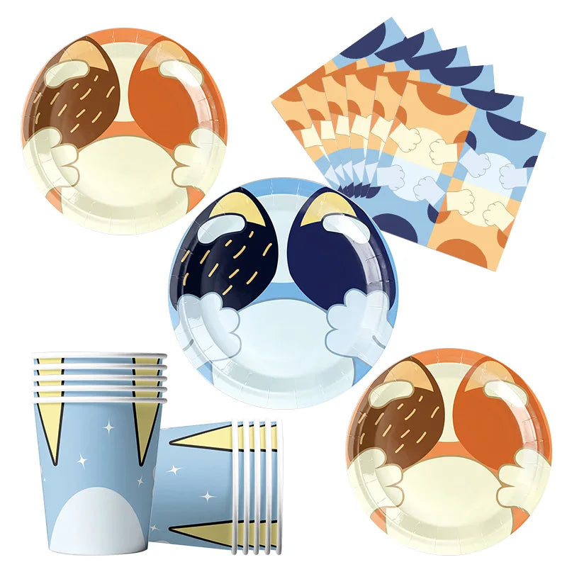 kit decoration anniversaire chien bleu assiettes gobelets serviettes guirlande support cupcake decor animaux