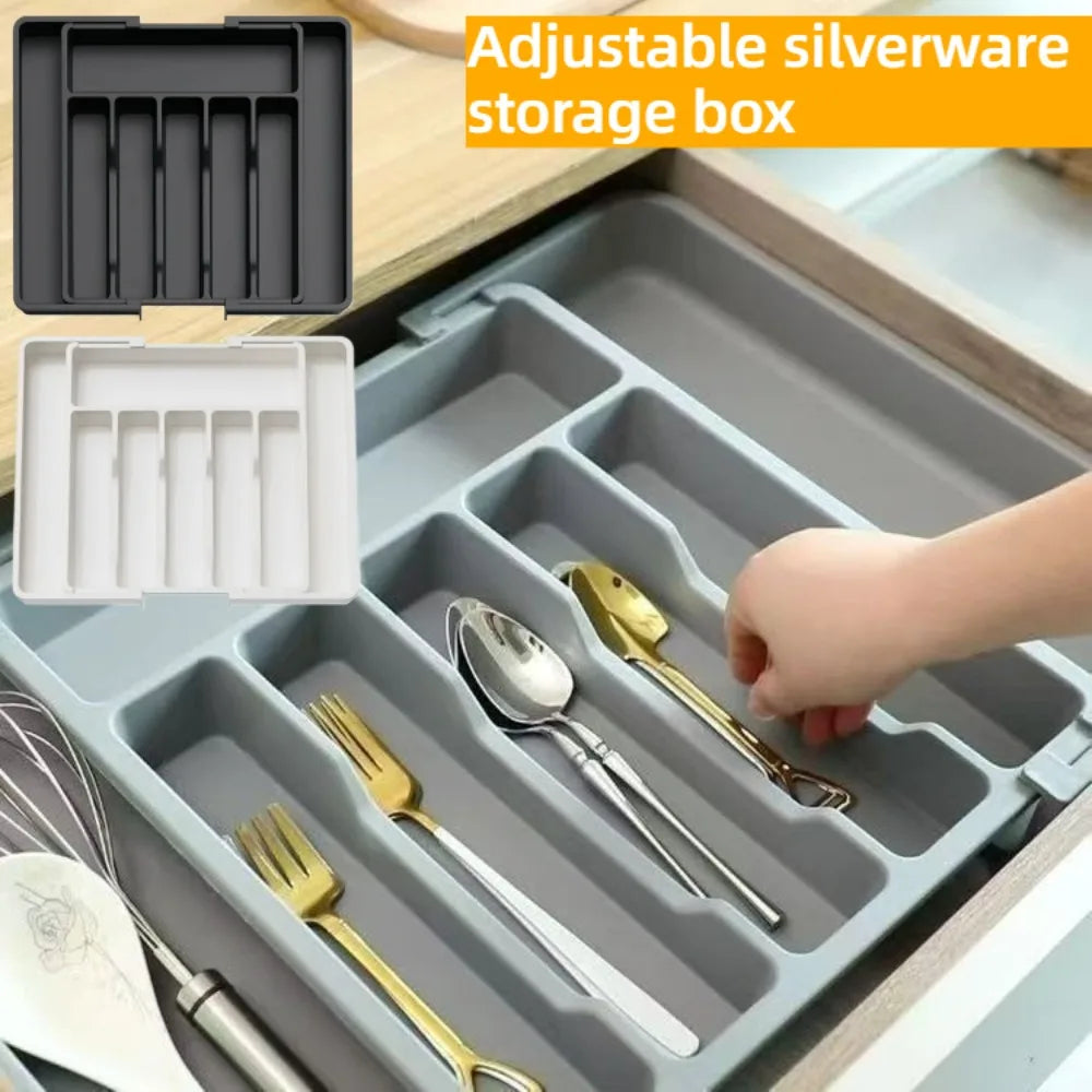 boîte rangement couverts gris plastique lisse moderne compartiments ajustables dorés argentés