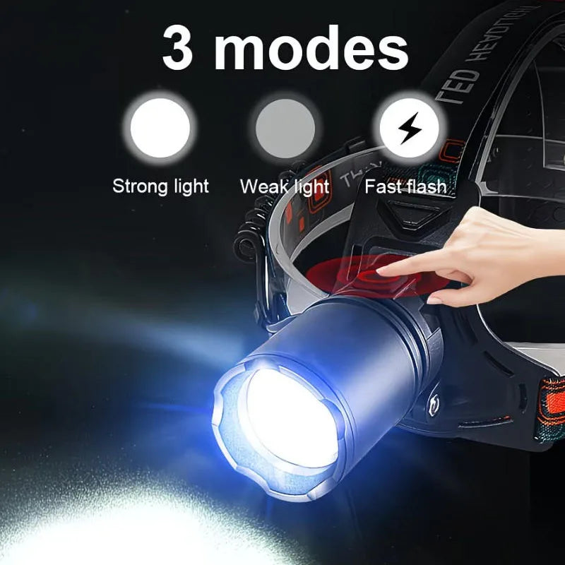 lampe frontale led noire imprimée geometrique modes ipx6 rechargeable usb type camping