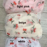 tissu polyester brodé fruits rouges verts transparent broderie blanc roseclair
