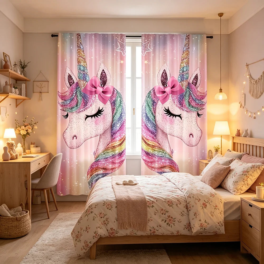 rideau licorne arc ciel rose brillant chambre enfant moderne decoration maison 75x166cm