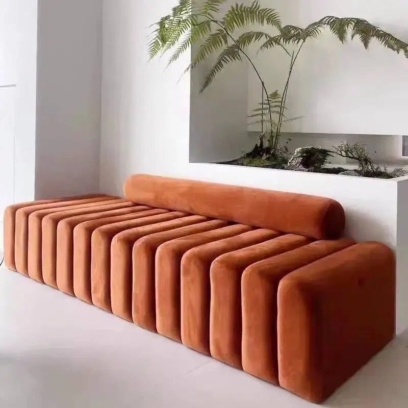 banc modulable velours orange noir blanc moderne salon confortable fixations invisibles coussins mobiles