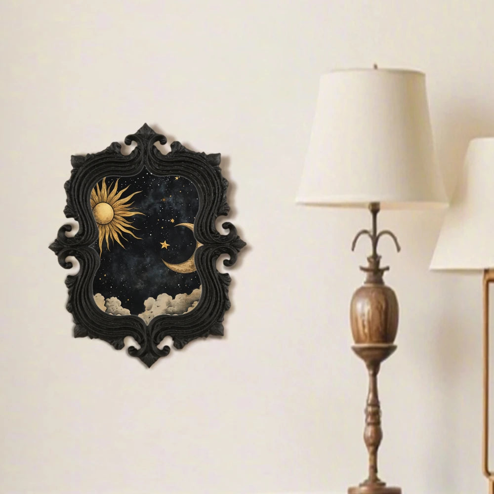 cadre mural baroque noir lune soleil étoiles nuages ornements floraux chambre adulte déco gothique