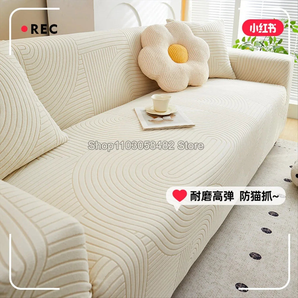 housse canapé beige clair rayures ondulées polaire élastique moderne salon fauteuil coussin décoratif