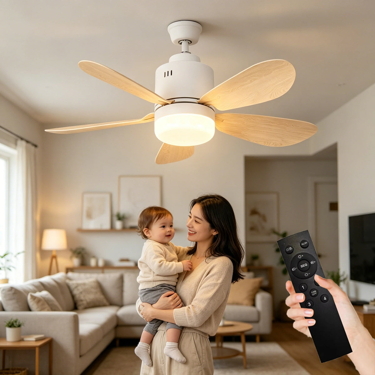 ventilateur lampe moderne télécommande led noir blanc bois naturel