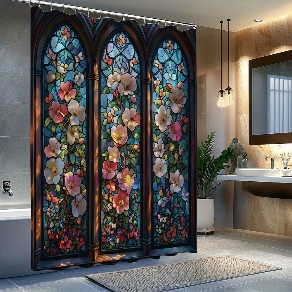 rideau douche art nouveau multicolore fleurs stylisées opacité anneaux rideau polyester 180x180cm
