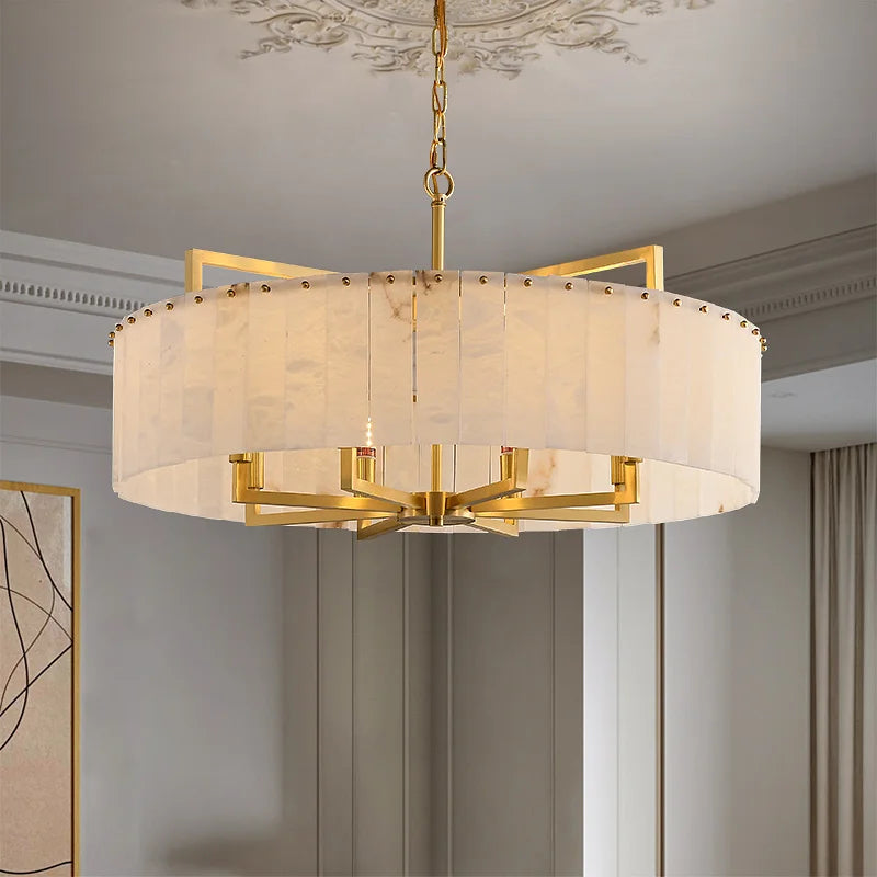 suspension lumineuse moderne or marbre blanc taches brunes ampoules élégante chaîne métallique