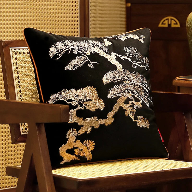 coussin décoratif noir broderie blanche traditionnel housse coussin salon chambre velours luxe