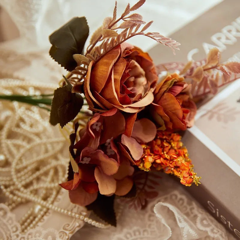 bouquet fleurs artificielles vintage romantique rose beige marron vert doré intérieur mariage chambreDecorationFetePrenuptialeAnniversaireBabyShower