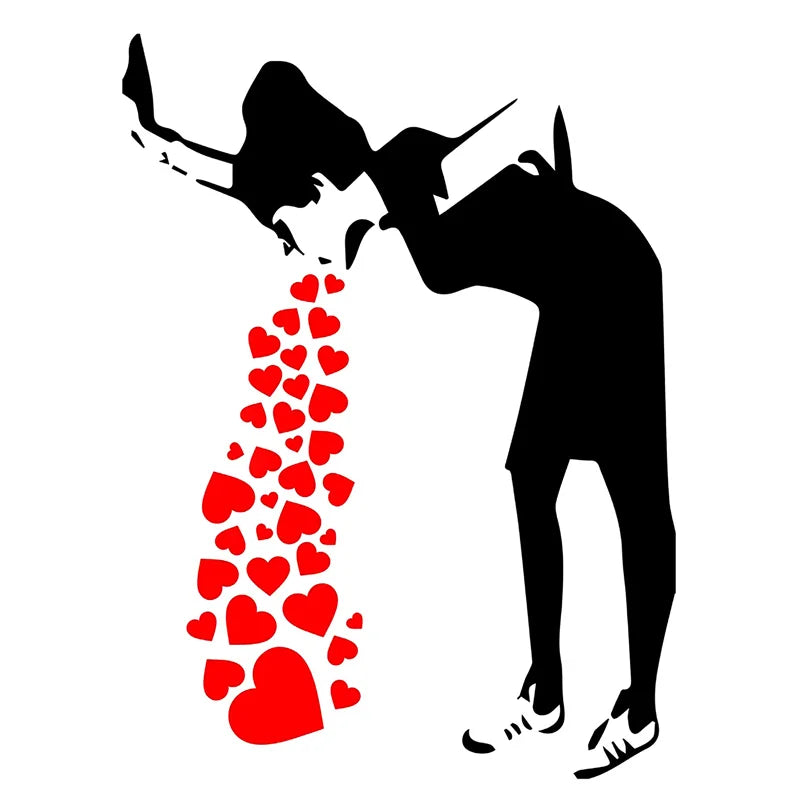 sticker mural moderne silhouette personne téléphone coeurs rouges noir autocollant vinyle waterproof removable