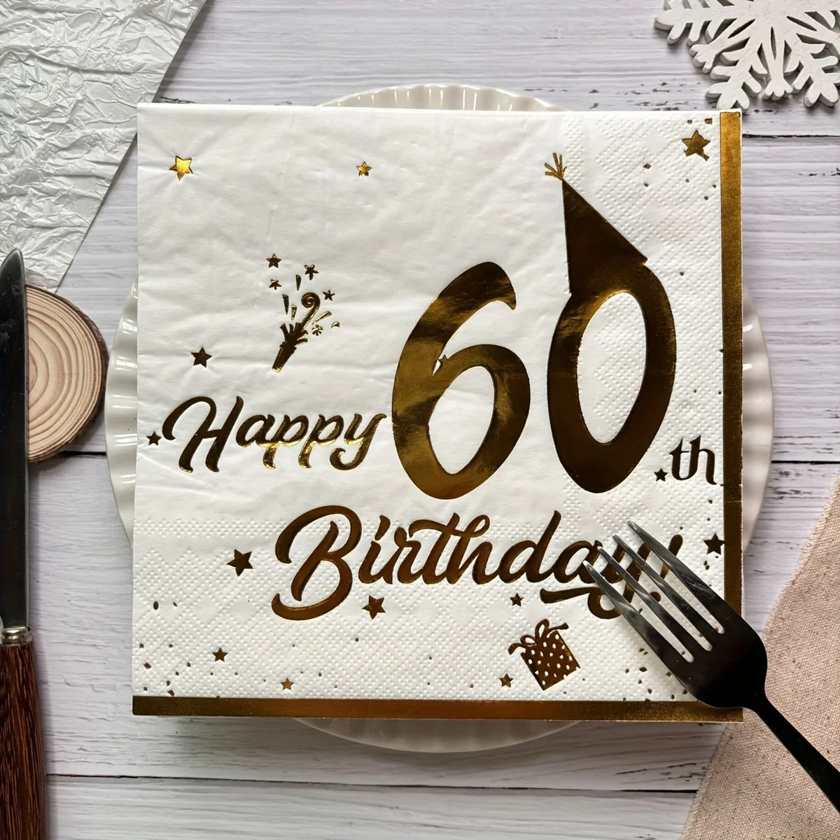 serviettes festives blanc doré anniversaire étoiles chapeau cadeau élégantes pack 18 30 40 50