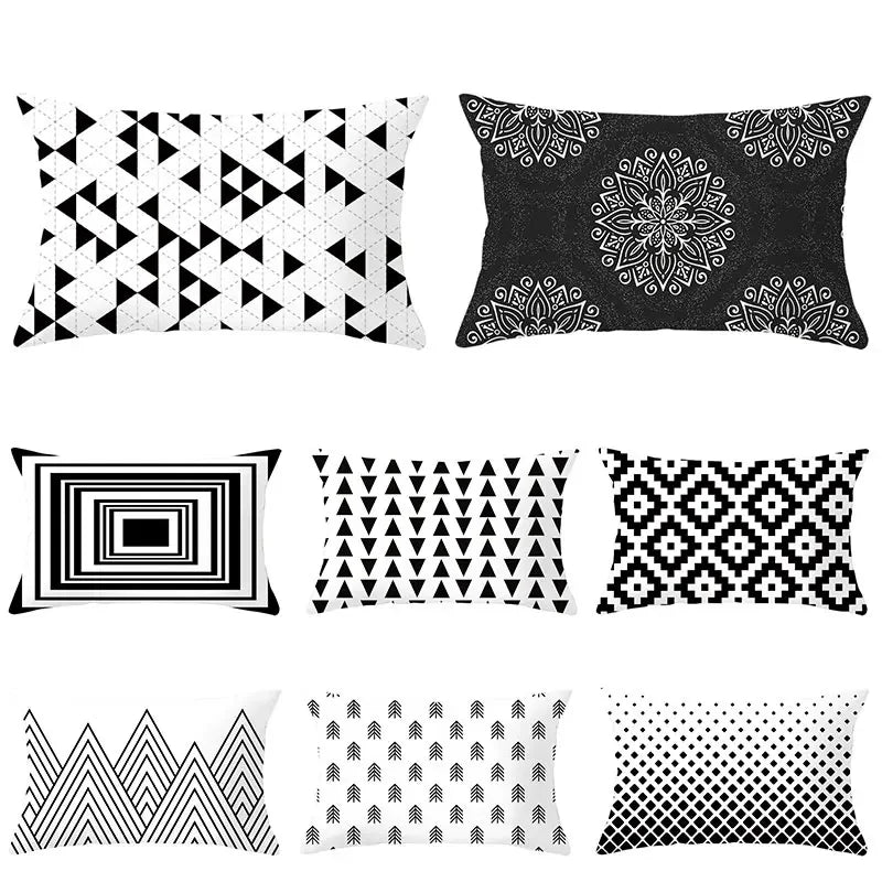 coussins géométriques motifs mandalas modernes polyester noir blanc minimaliste 30x50cm