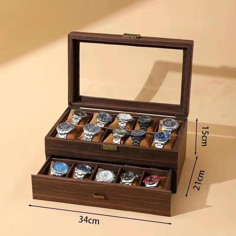 boîtes montres bois foncé grain naturel classique boutons dorés montres bracelets bijoux