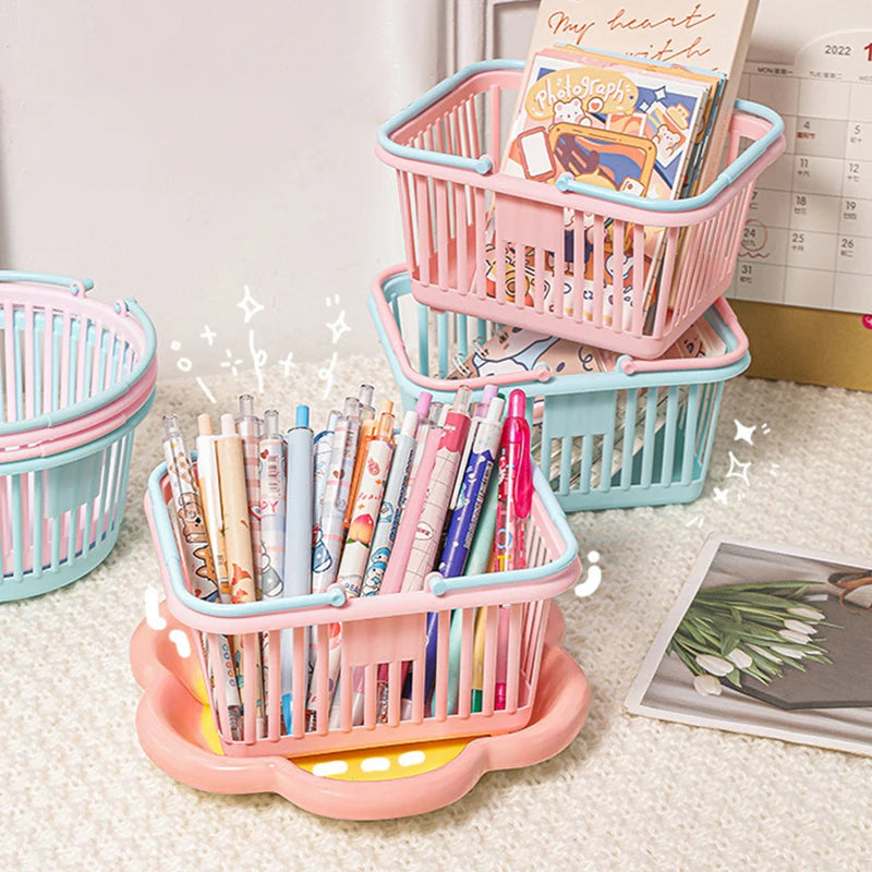 panier rangement rose clair bleu pastel poignées détachables rangement moderne utilisation multiple plastique organiser