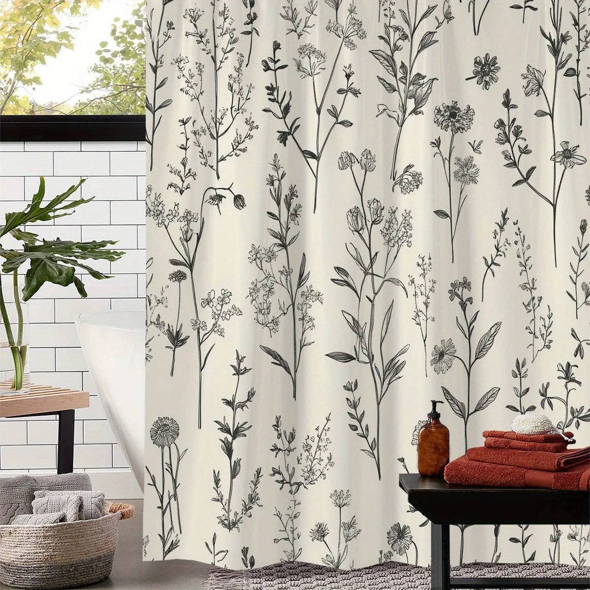 rideau douche botanique vintage motif floral gris noir tissu polyester respectueux environnement