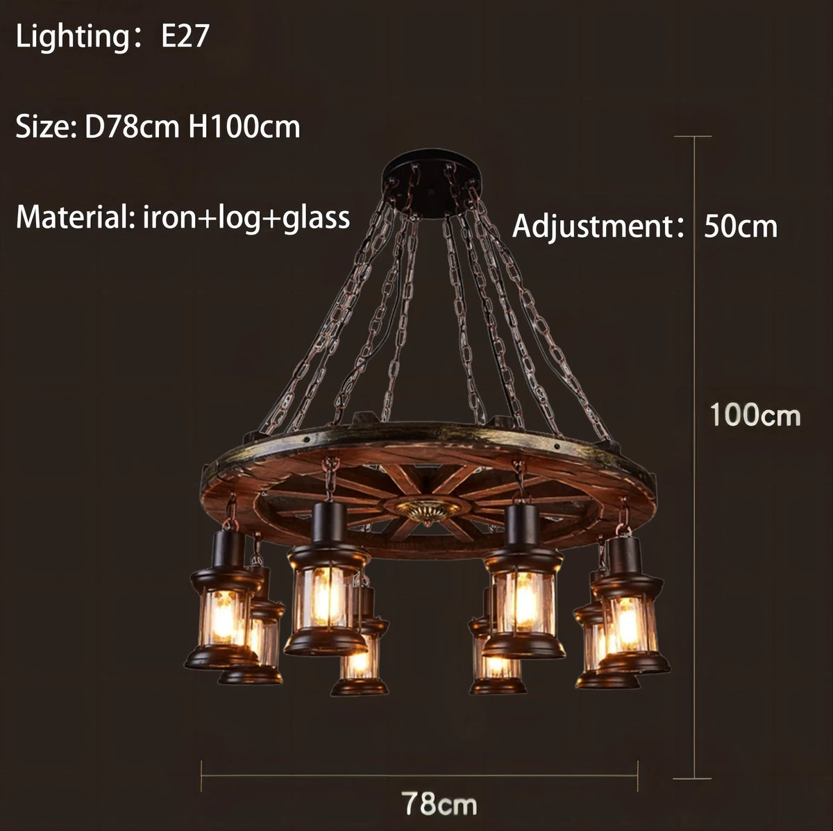 Suspension lumineuse industrielle marron doré verre translucide ampoules métal bois vintage