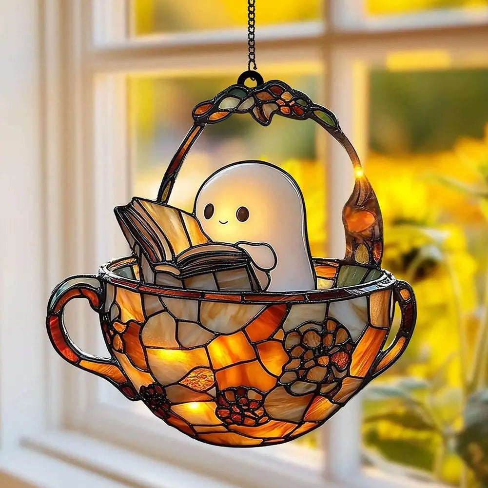 lampe suspendue tiffany mosaïque feuilles orange marron noir maison halloween fantôme chat citrouille