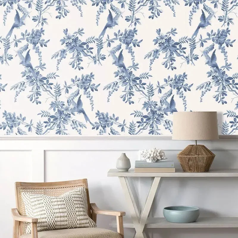papier peint autocollant floral bleu oiseaux texturé moderne adhésif meubles mur opaque vinyle PVC