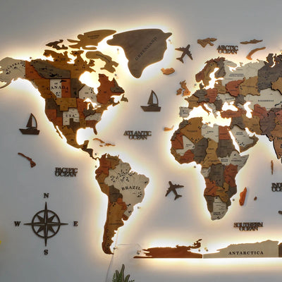 Carte du monde lumineuse en bois massif - Décoration murale 3D pour salon