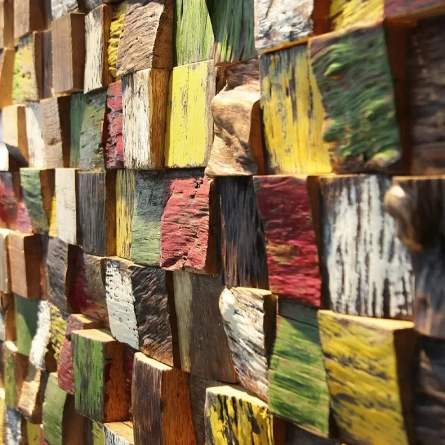panneau décoratif bois multicolore artisanal rouille 3d salon fond tv bar mural