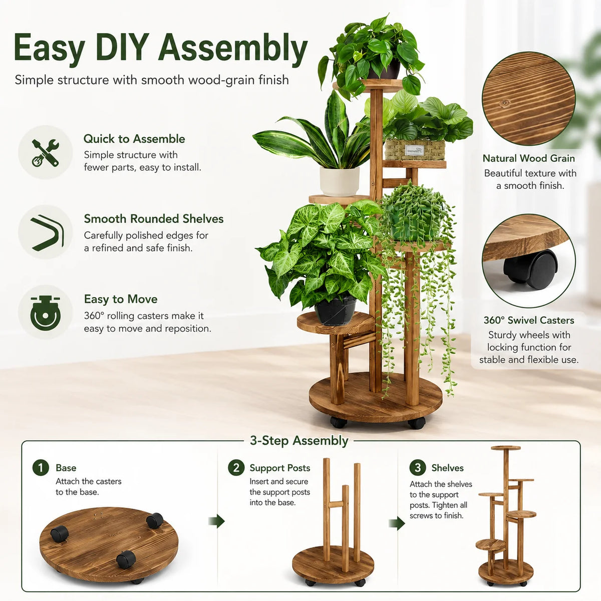 support plantes multi niveaux mobile bois naturel moderne roulettes pot vert ambiance naturelle organisation