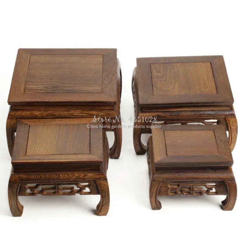 support théière bois rose texture naturelle gravures décoratives classique artisanal marron foncé table basse