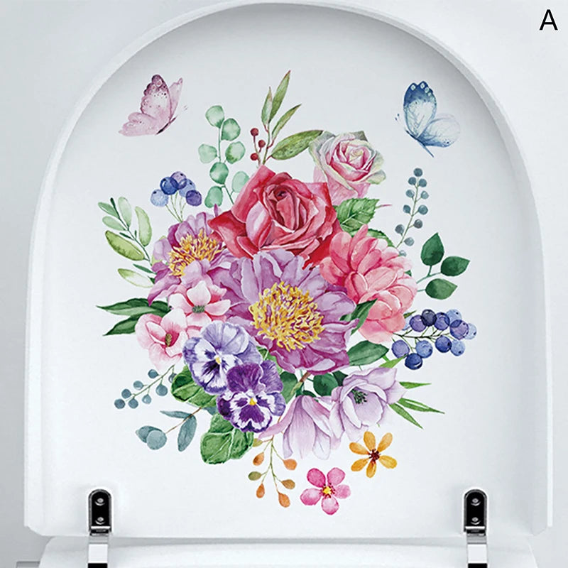 cache wc blanc fleurs colorées adhésif auto collant imperméable décoration salle bain hygiène