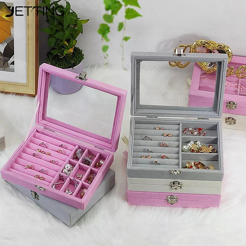 boîte bijoux velours transparent gris rose classique boutons pression rangement colliers bagues