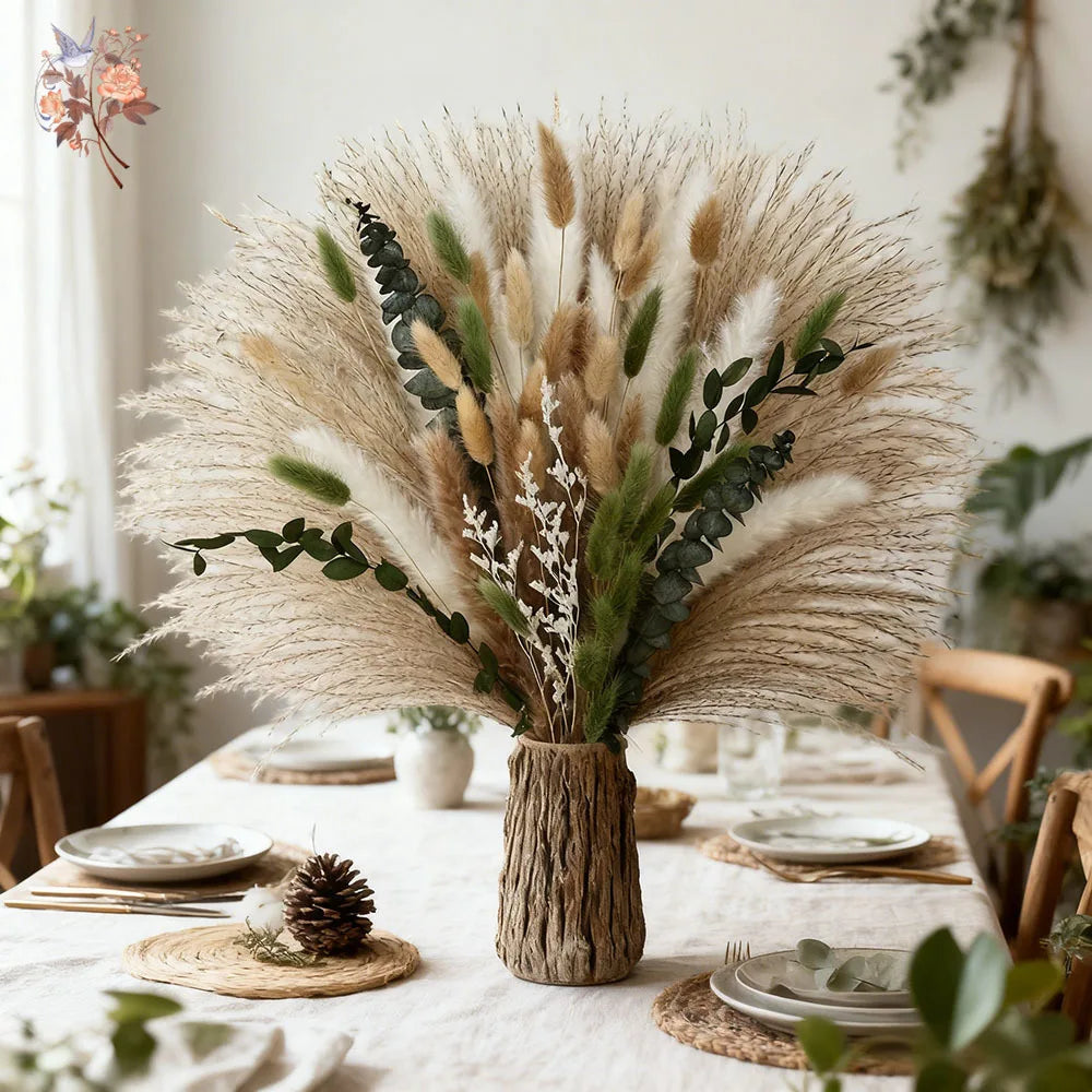 bouquet fleurs séchées pampas eucalyptus naturel rustique décoration maison anniversaire fêtes