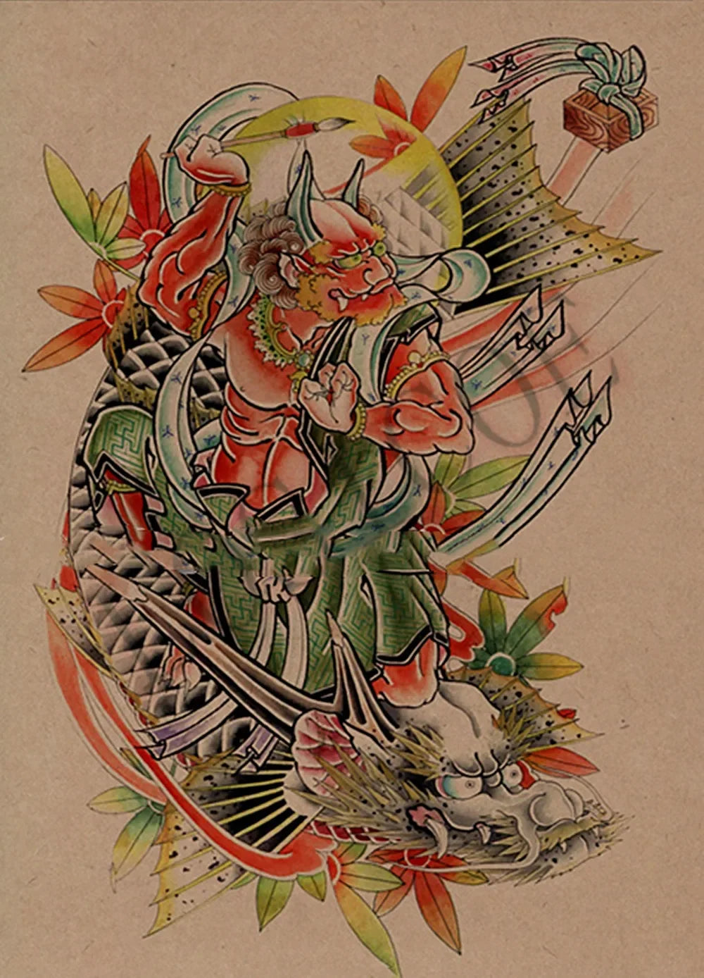 tattoo temporaire tatouage japonais dragon femme fleur noir blanc rouge vert bleu or