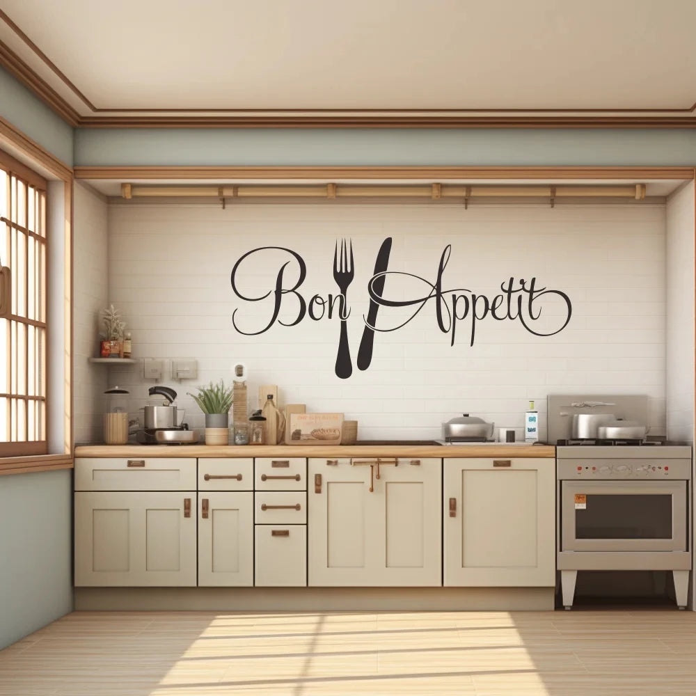 Autocollant mural Bon Appétit avec fourchette et couteau noir sur un mur de cuisine