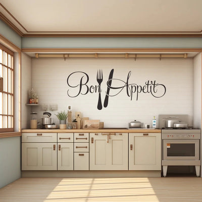 Autocollant mural Bon Appétit avec fourchette et couteau noir sur un mur de cuisine