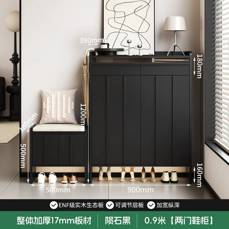 meuble entrée moderne noir panneaux verticaux lisses rangement tabouret coussin plaques mesure