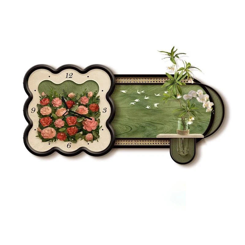 horloge murale fleurs oiseaux vintage romantique vase inclusion adhésif salon decoration
