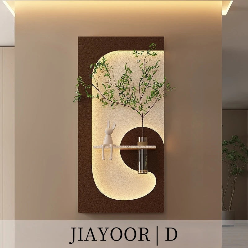 tableau mural moderne lampe led plante verte motif abstrait bois couleur beige vert marron
