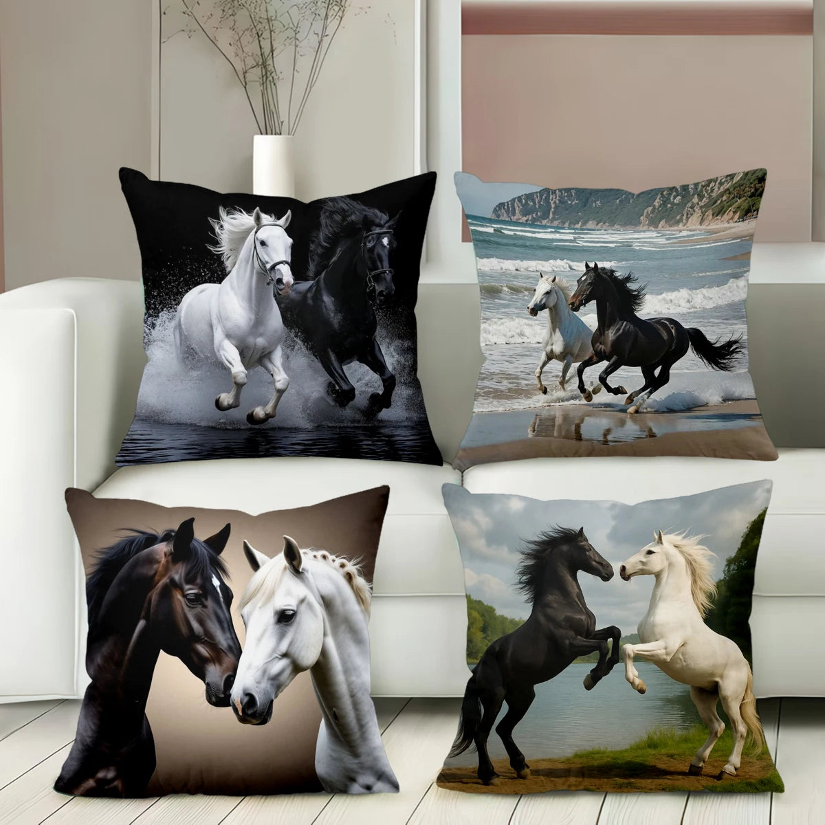 taies d'oreiller polyester motifs chevaux galopants moderne noires blanches 45x45cm sofa lit decoration chambre